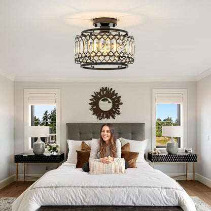 Modern Black Crystal Flush Mount Ceiling Light with LED Bulb (50% Brighter) – 11.4" Dimmable Chandelier for Dining Room, Bedroom – Reinforced Iron Frame & K9 Crystals – Easy Install