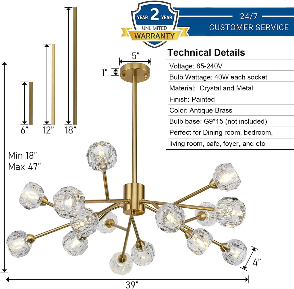 Sputnik Chandeliers for Dining Room Light Fixtures,Modern Crystal Chandeliers for Living Room,15 Lights Gold Mid Century Brass Lighting Fixtures for Kitchen Island Bedroom Entryway