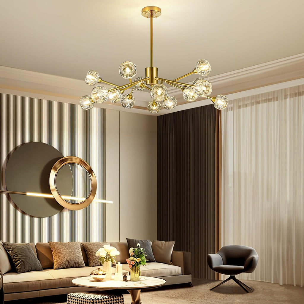 Sputnik Chandeliers for Dining Room Light Fixtures,Modern Crystal Chandeliers for Living Room,15 Lights Gold Mid Century Brass Lighting Fixtures for Kitchen Island Bedroom Entryway